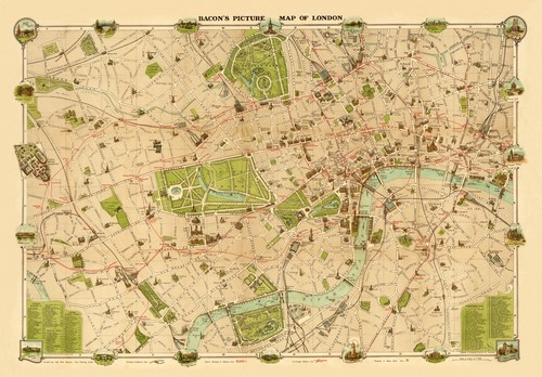 Old map london 1908 - old, of